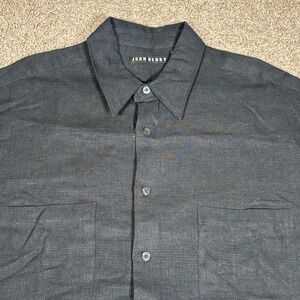 John Henry Mens Large Black Linen Blend Short Sleeve Button Down Shirt Textured